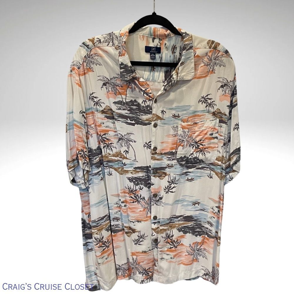 George Men’s Cream and Brown Tropical Casual Button Down Shirt 2XL